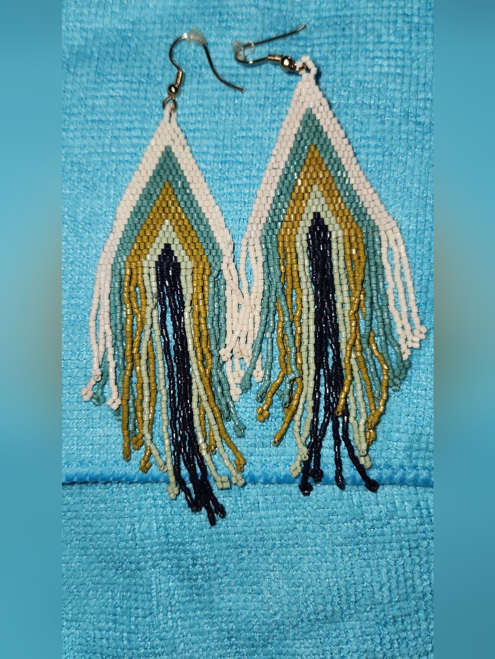 Boho Seed Bead Fringe Earrings in Teal, Gold & Cream